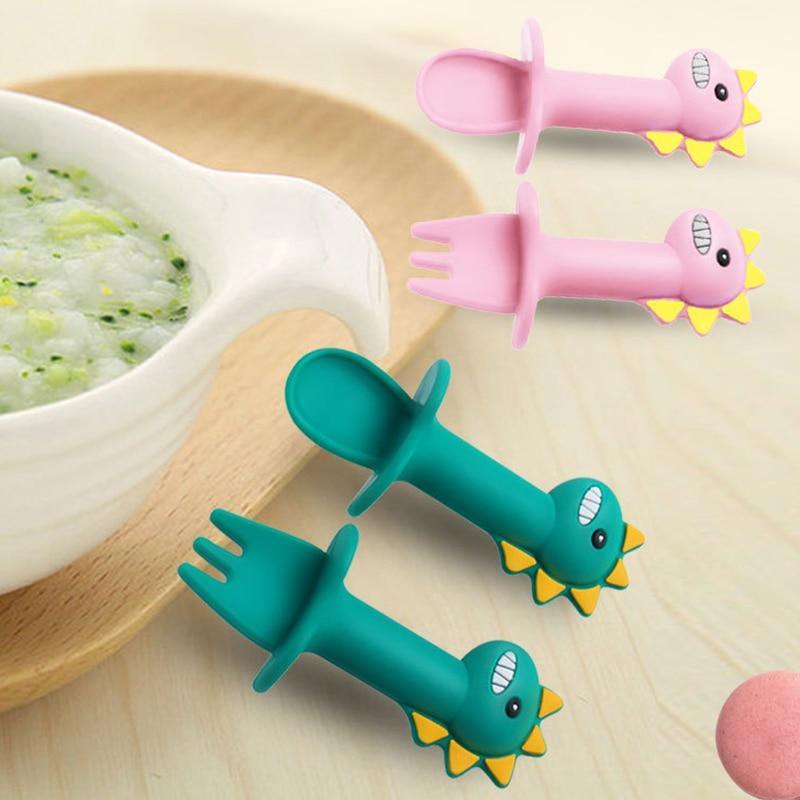 Baby Feeding Spoon & Fork Set — Soft Silicone Dinosaur Design