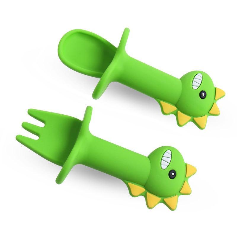 Baby Feeding Spoon & Fork Set — Soft Silicone Dinosaur Design