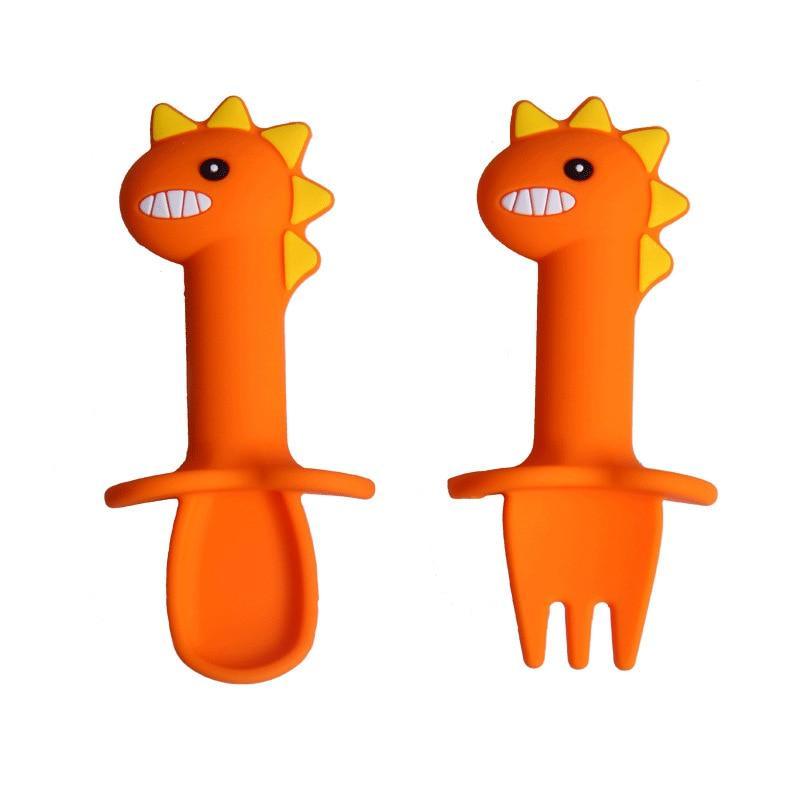Baby Feeding Spoon & Fork Set — Soft Silicone Dinosaur Design