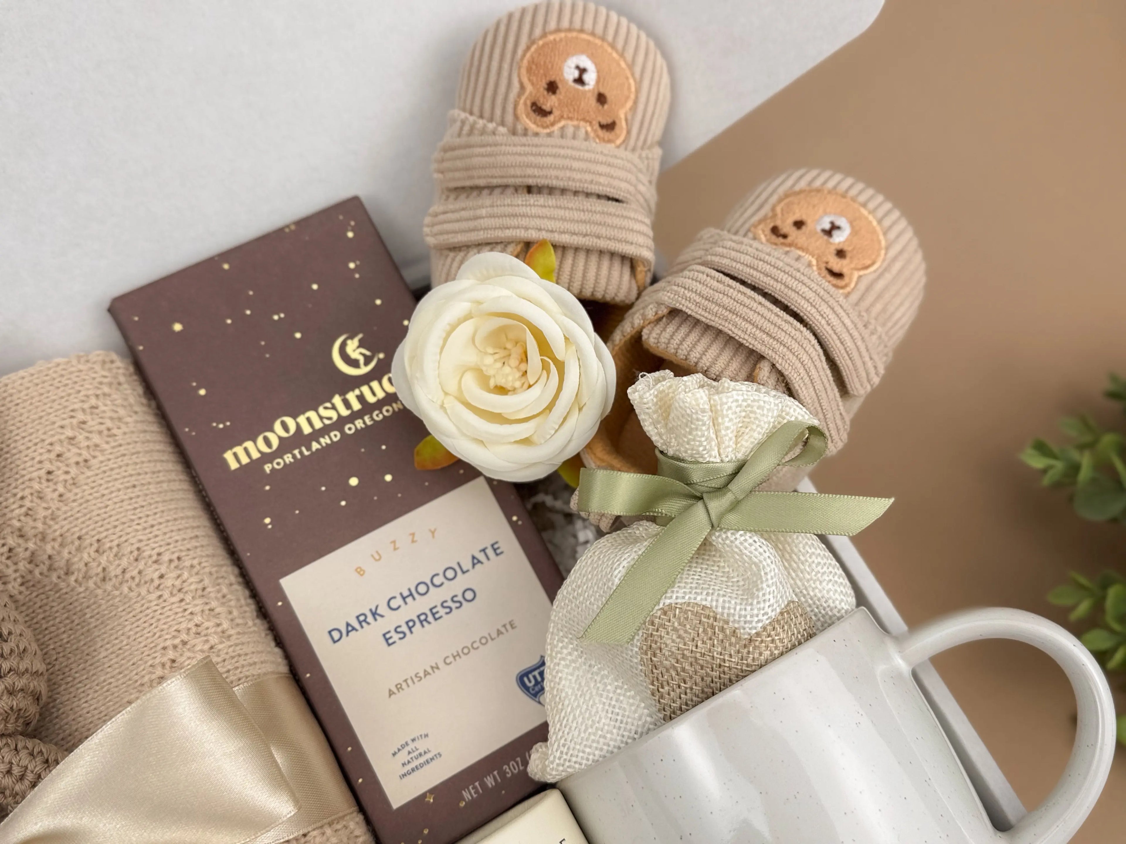New Mom Gift Set — Knitted Baby Blanket, Bunny Rattle & Self-Care Treats