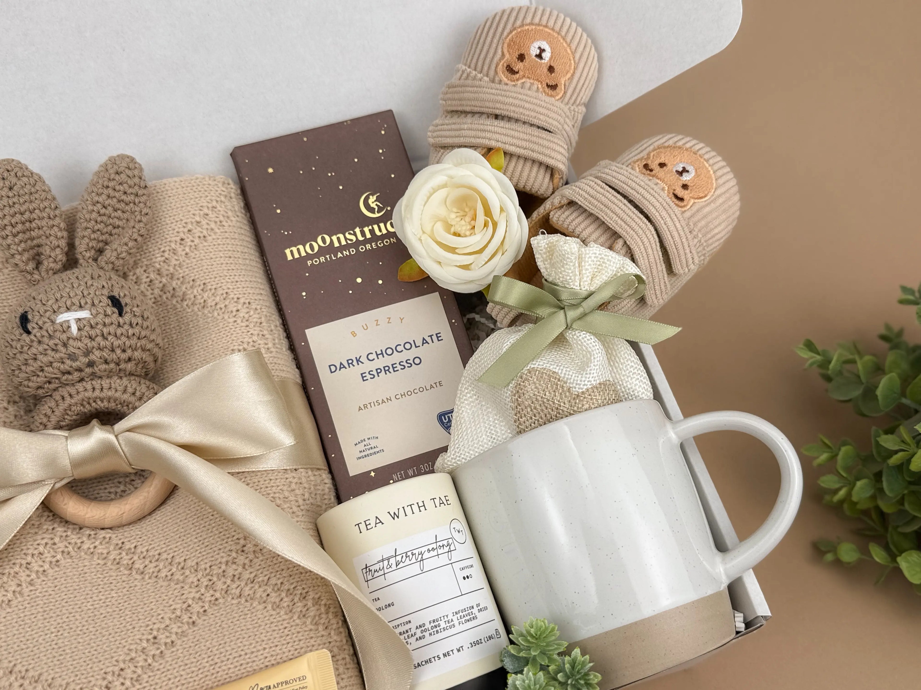New Mom Gift Set — Knitted Baby Blanket, Bunny Rattle & Self-Care Treats