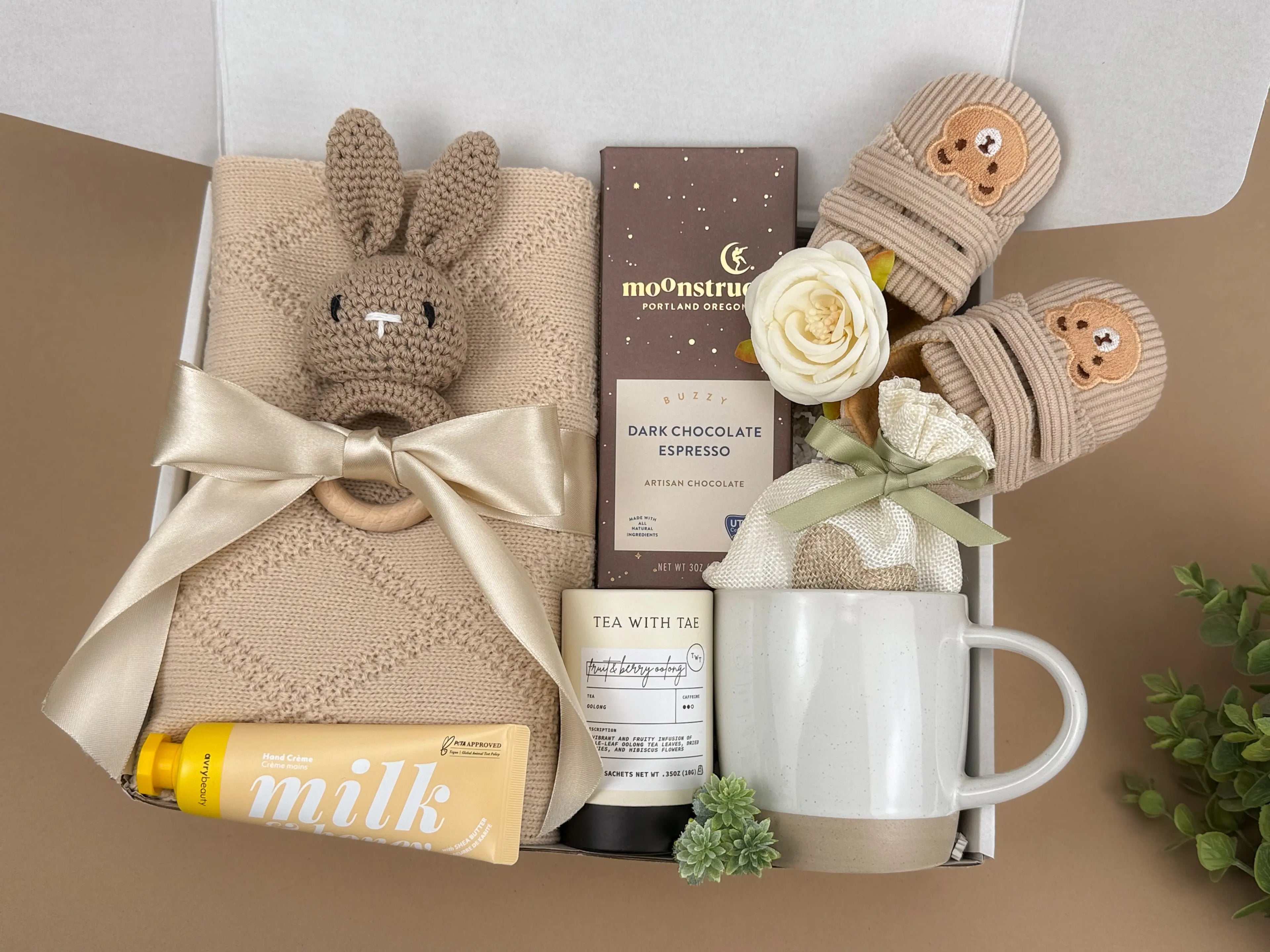 New Mom Gift Set — Knitted Baby Blanket, Bunny Rattle & Self-Care Treats