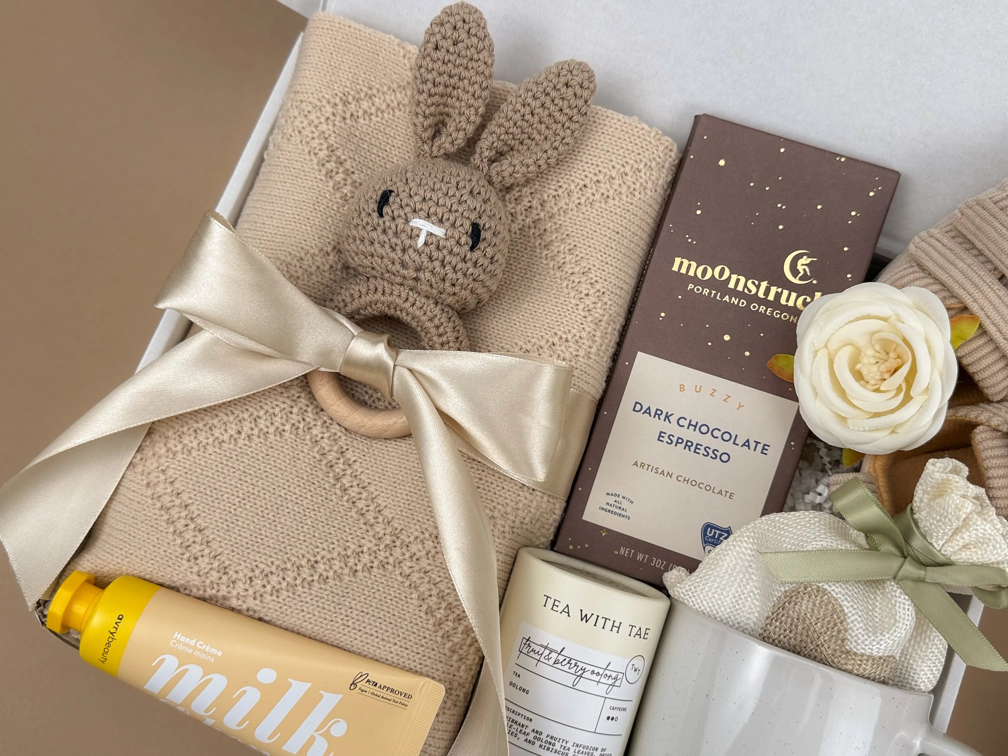 New Mom Gift Set — Knitted Baby Blanket, Bunny Rattle & Self-Care Treats